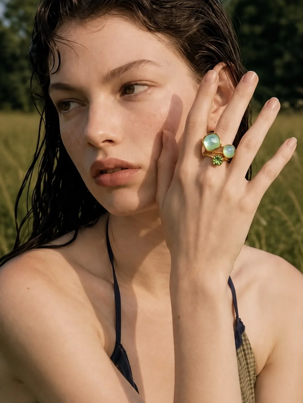 Gold Ring with Green Gemstones - Women's Fashion Ring